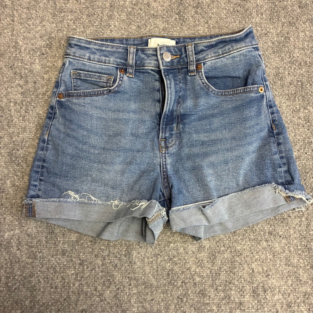 H&M Denim Shorts Womens 4 Blue High Waist Raw Hem‎ Cuffed Cutoff1